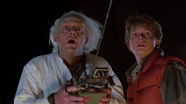 Doc Brown and Marty staring in shock in Back to the Future