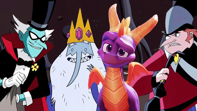 The Amazing Mumbo smiling, Ice King smiling, Spyro smirking, Penguin sneering