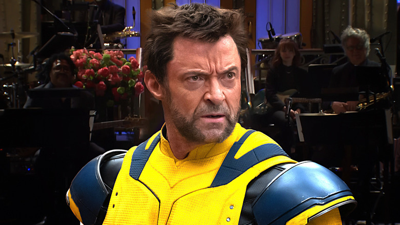 Hugh Jackman as Wolverine superimposed on an image of the SNL mainstage