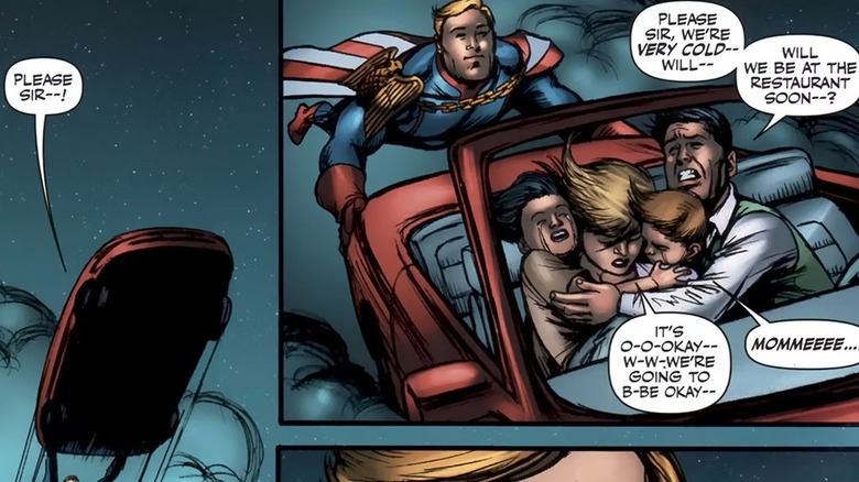 Homelander flying Mullers into sky in The Boys comics