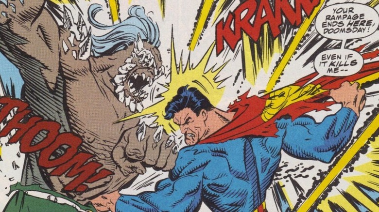 Superman explosively fighting Doomsday in DC Comics