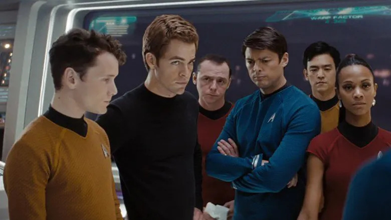 The cast of J.J. Abrams 2009 Star Trek on the Enterprise bridge