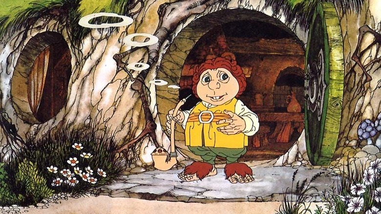 Cartoon of Bilbo Baggins in front of hobbit hole 