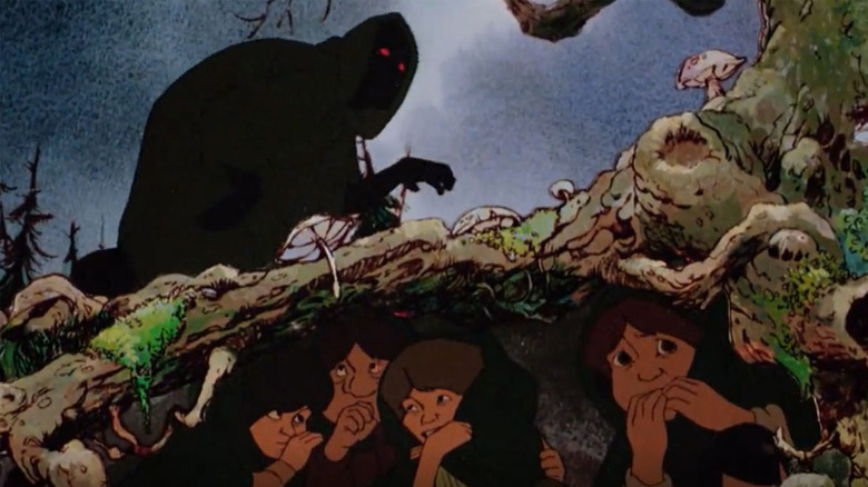 A cartoon of a ringwraith and four hobbits underneath a branch in The Lord of the Rings