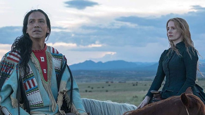 Michael Greyeyes and Jessica Chastain in Woman Walks Ahead